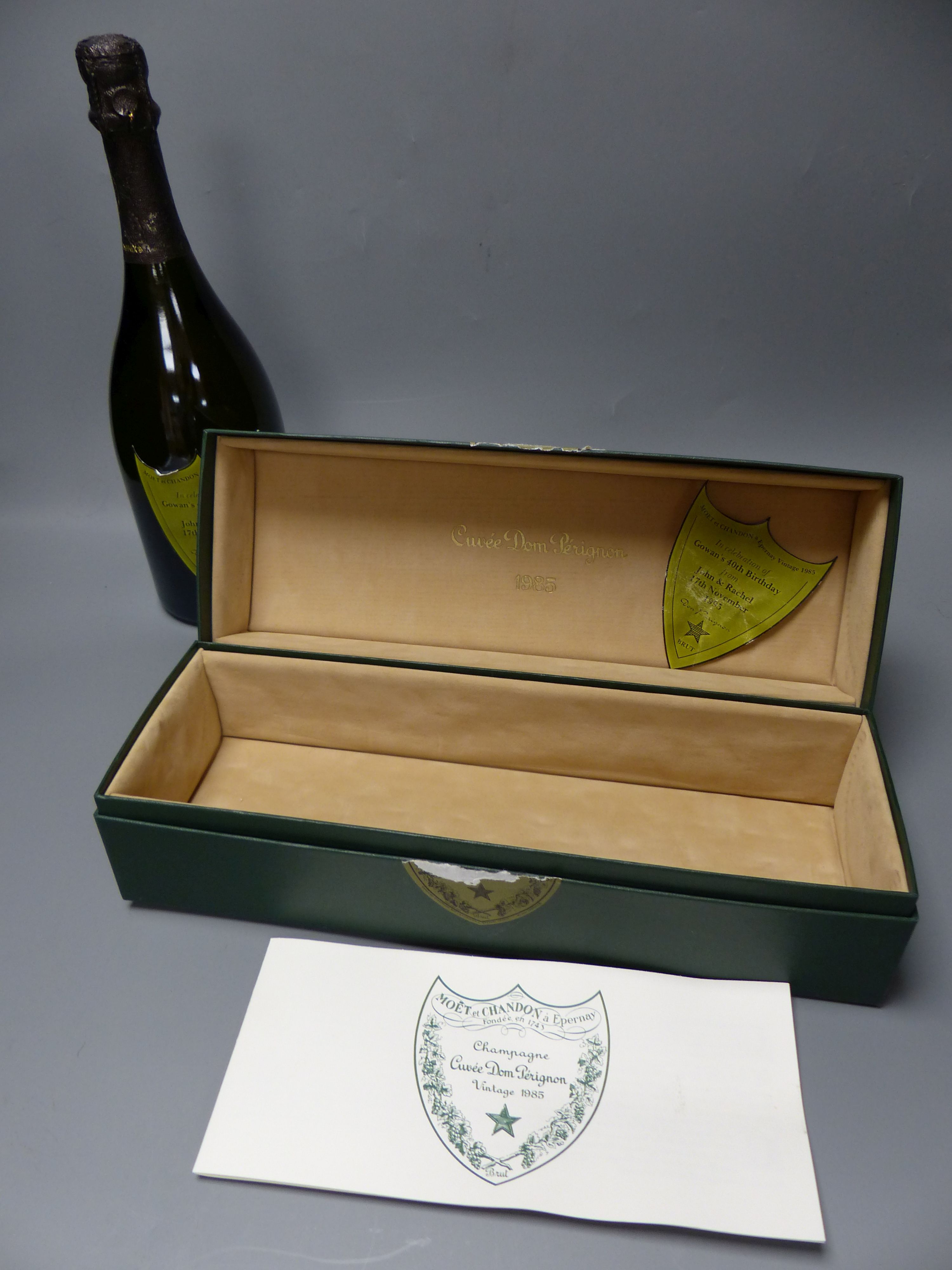 One bottle of Dom Perignon, 1985, with later personalised presentation label, boxed.